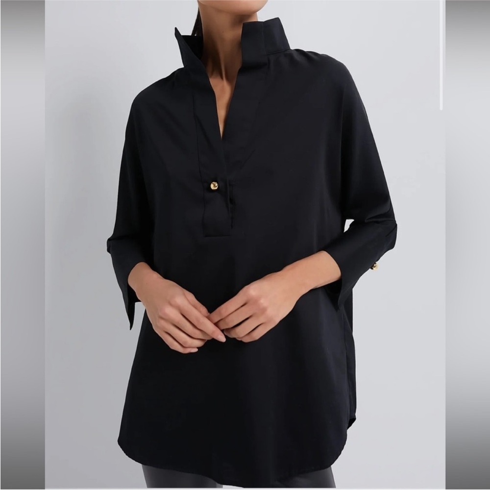 Tuckernuck Willow Black Poplin 3/4 Sleeve Popover V-Neck Tunic Top Large